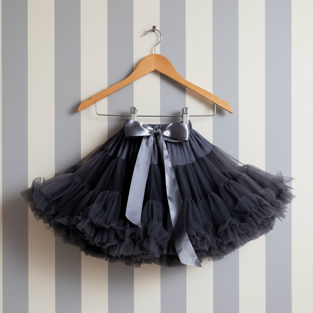Black tutu skirt with a large bow on a hanger against a striped wall.