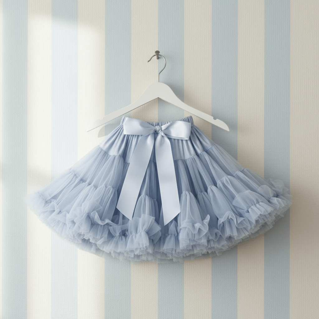 Blue tutu skirt with a white bow on a hanger against a striped wall.