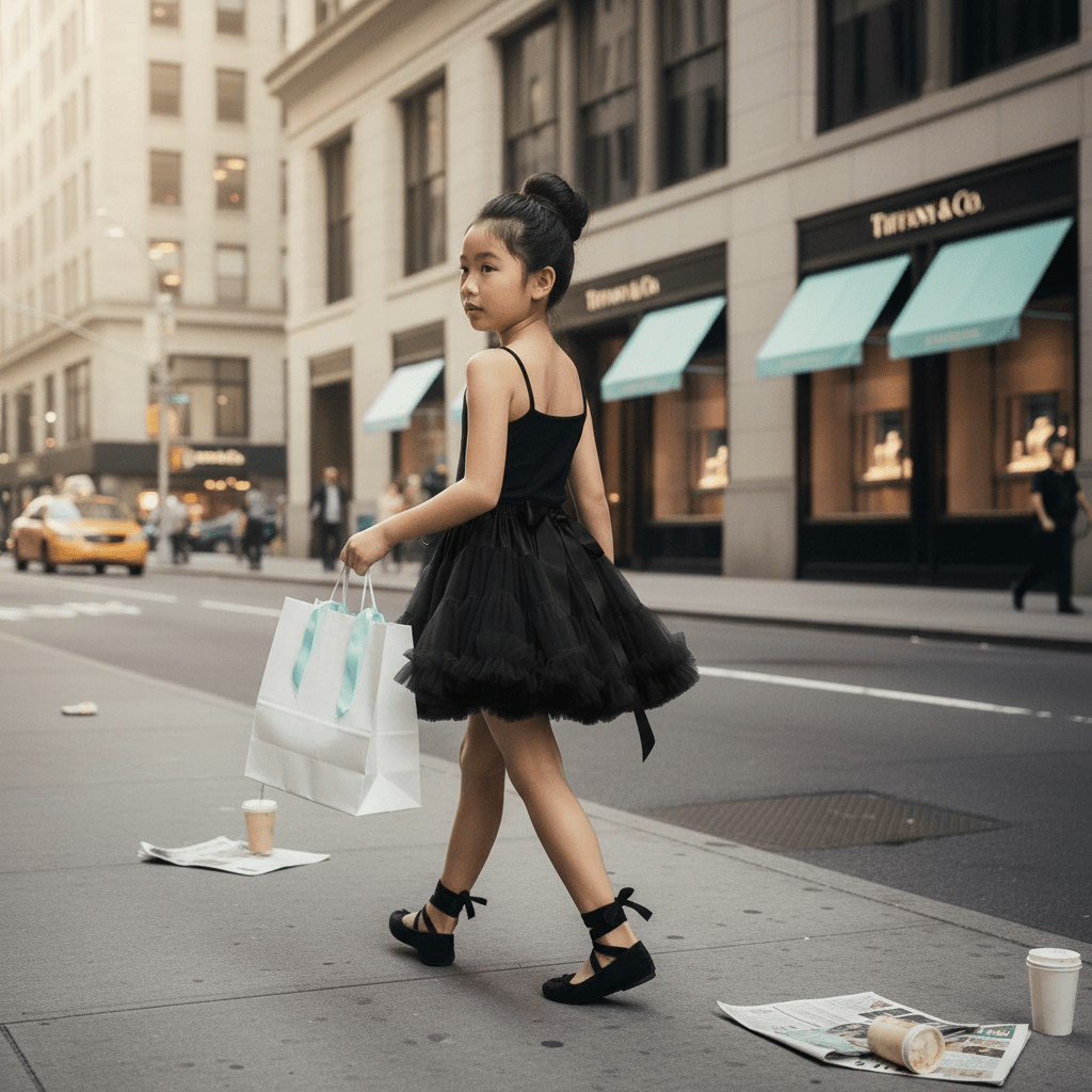 Young girl in a black dress walking on a city street with shopping bags.