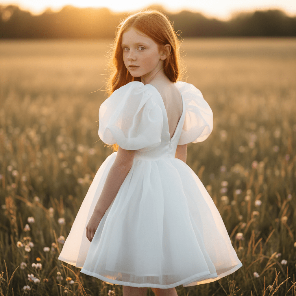Girl in a white puff dress standing in a field at sunset