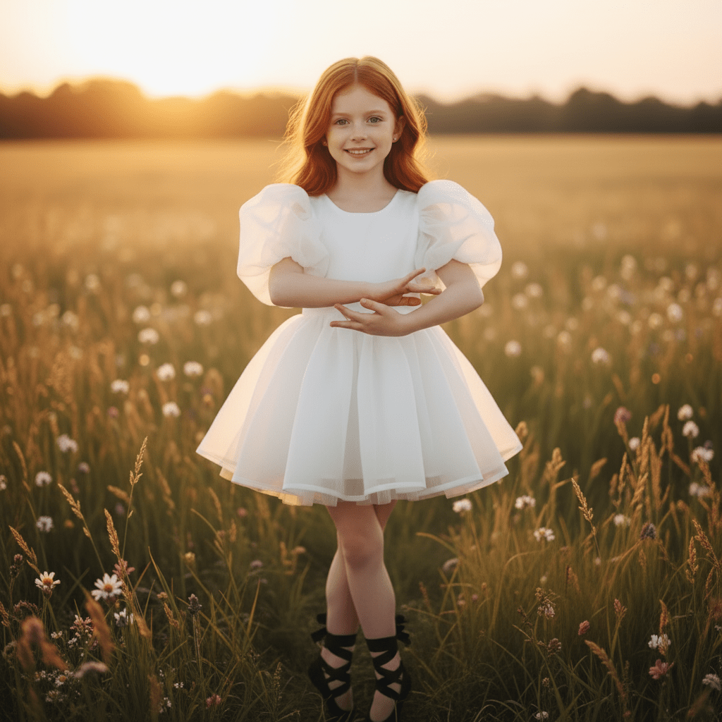 Young girl in a white dress standing in a field with sunset lighting