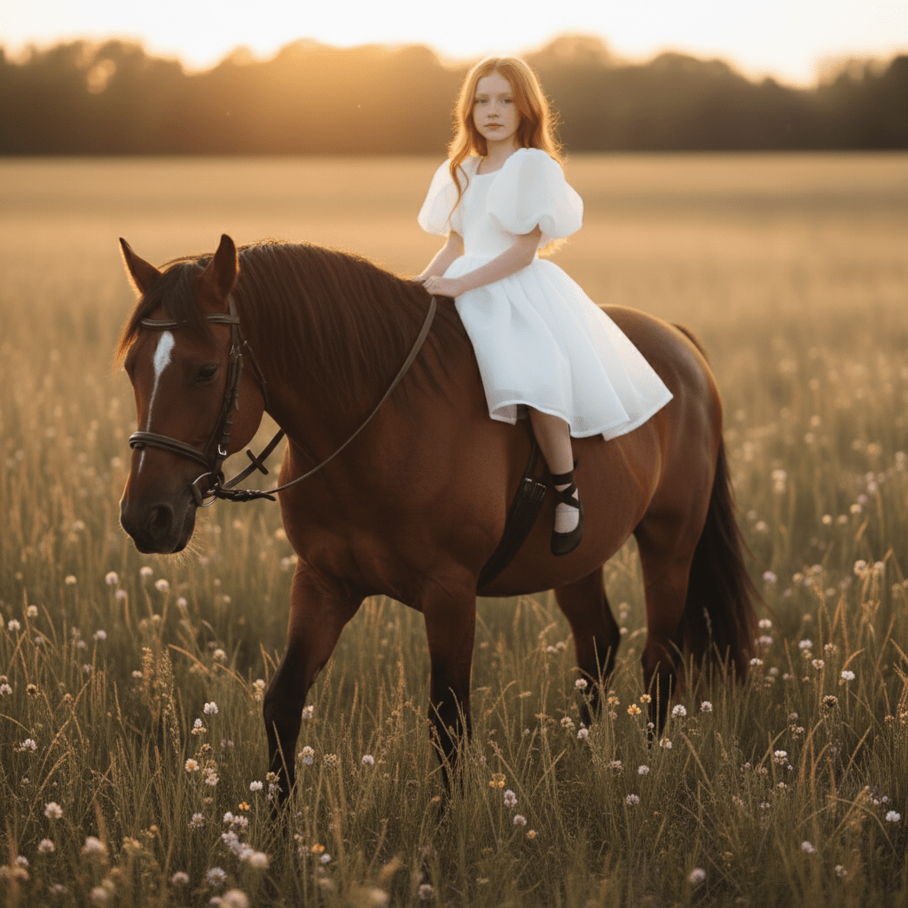 Girl in a white dress riding a brown horse in a field at sunset.