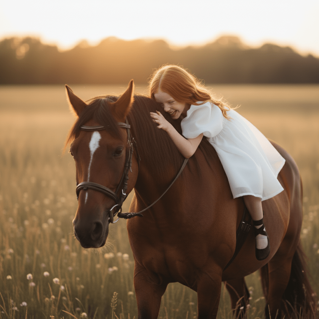 Girl in a white dress sitting on a brown horse in a field at sunset