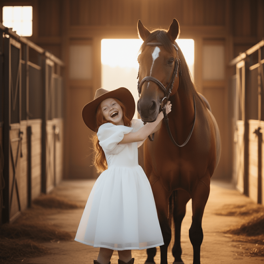 Young girl in a white dress and brown hat standing next to a horse in a stable.