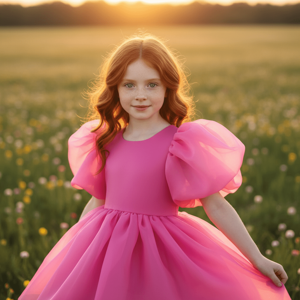 Young girl in a pink dress standing in a field at sunset