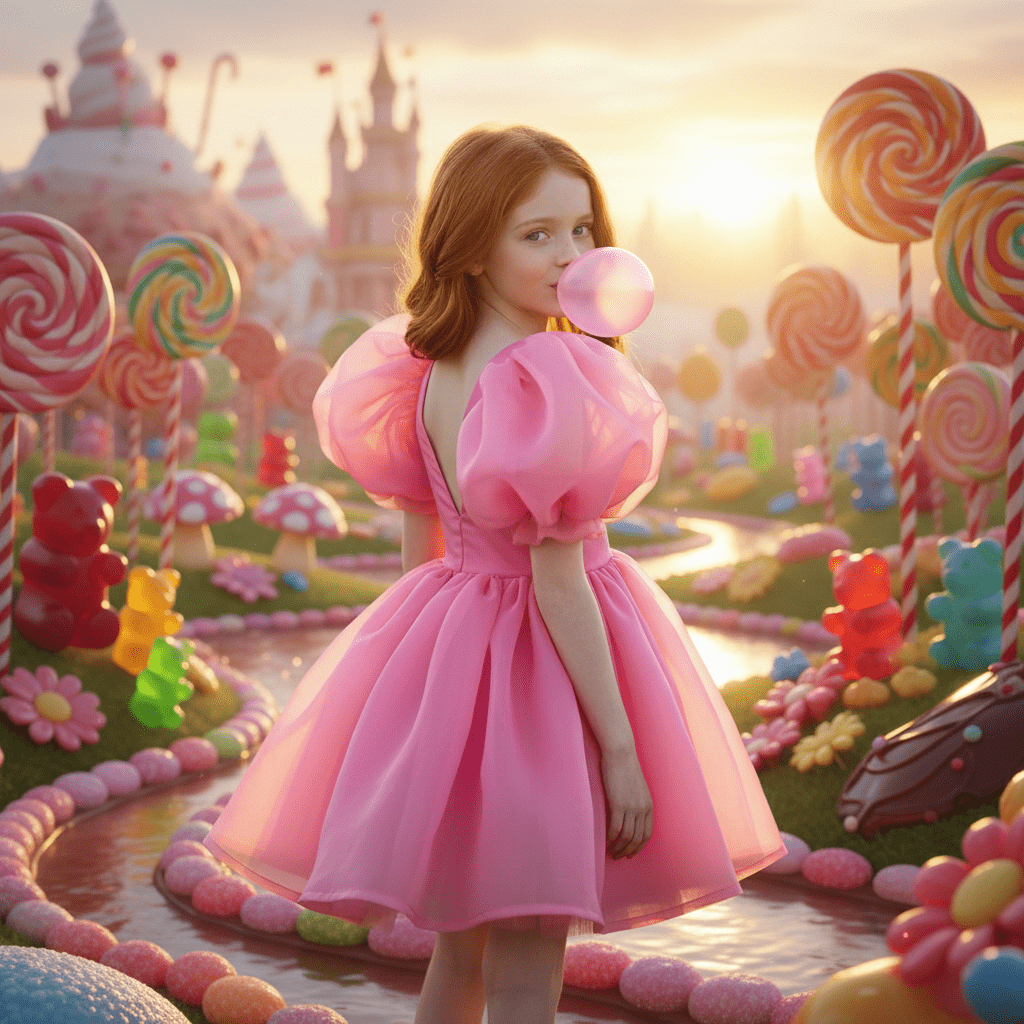 Young girl in a pink dress blowing a bubble gum bubble in a candy-themed landscape with colorful lollipops and treats.
