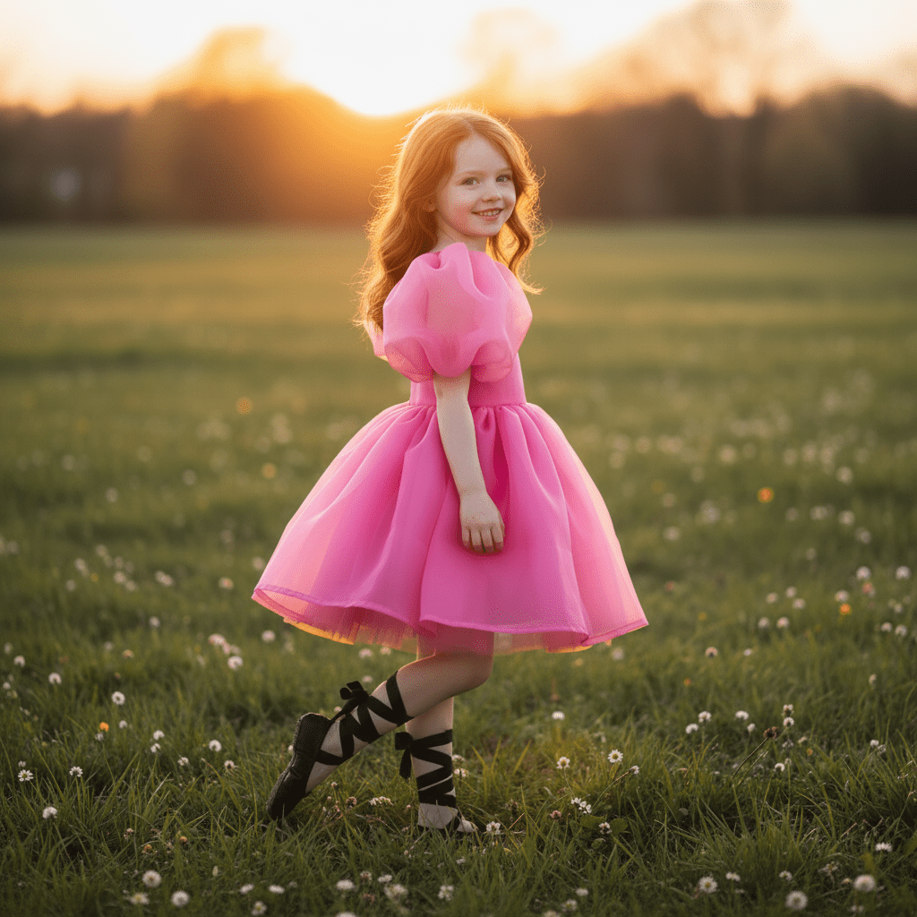 Young girl in a pink dress standing in a field with sunset in the background