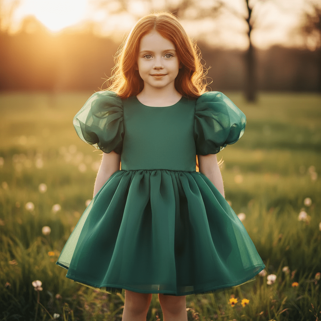 Young girl in a green dress standing in a field with sunlight filtering through.