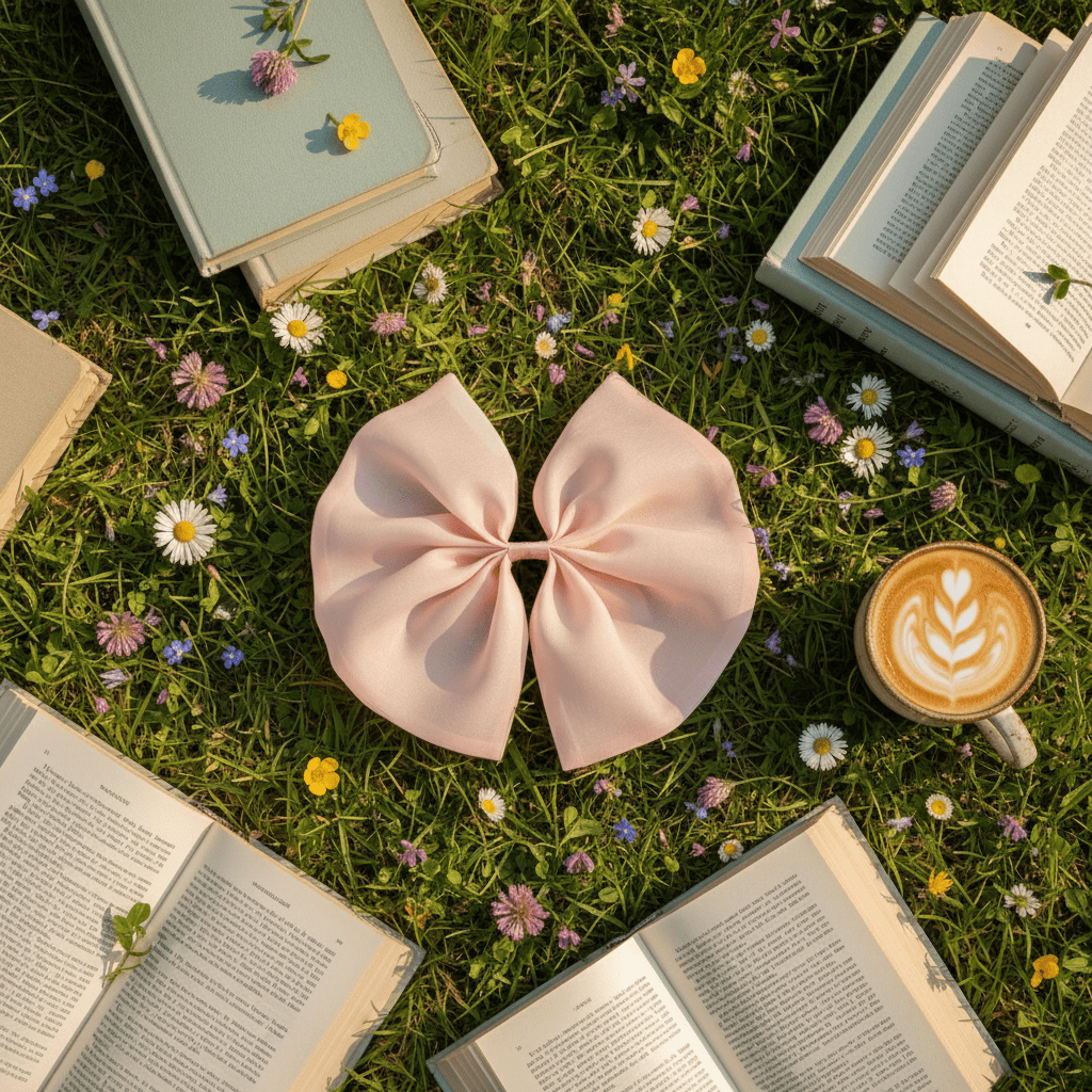 Pink bow on grass with open books and a cup of coffee
