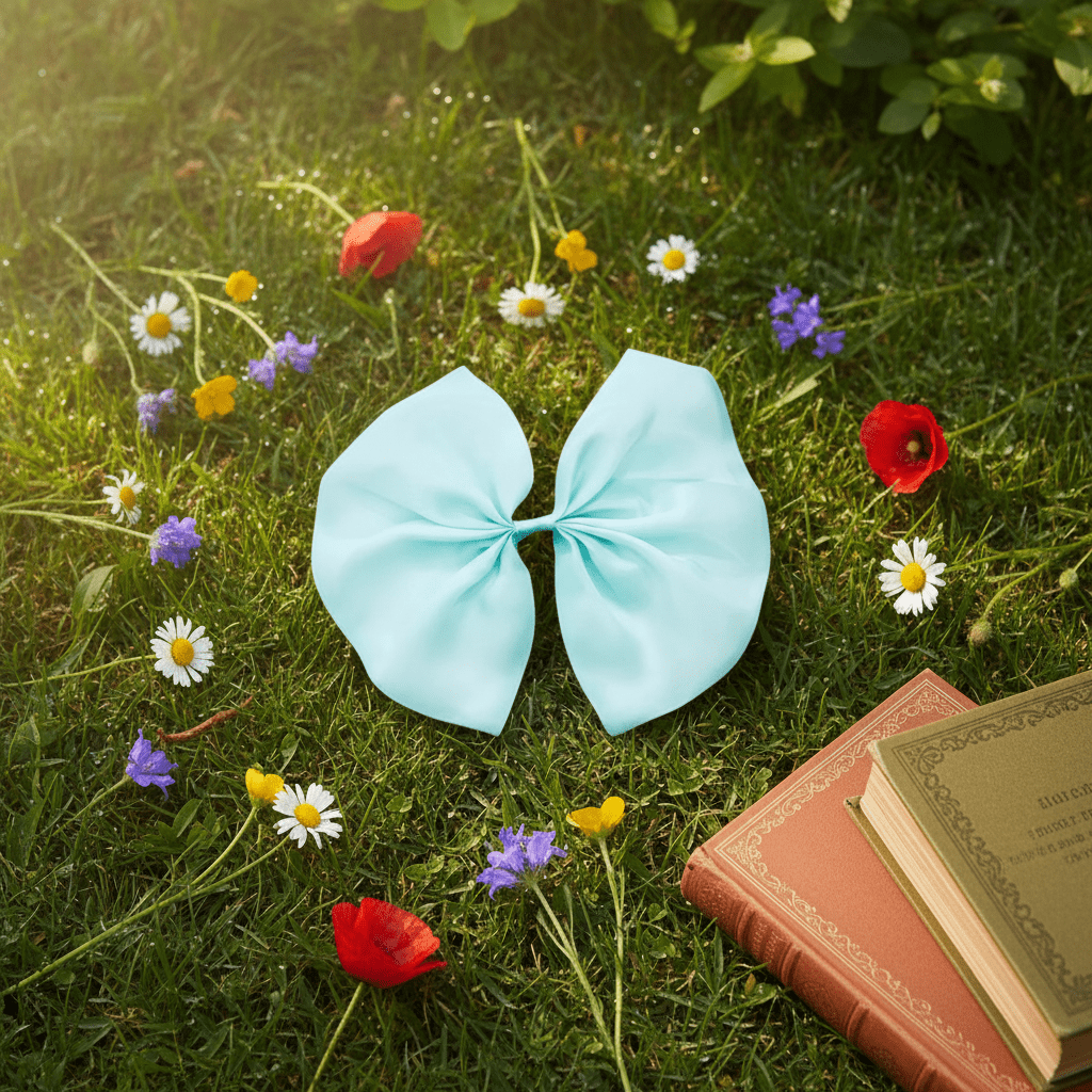 Light blue bow on grass with colorful flowers and an old book