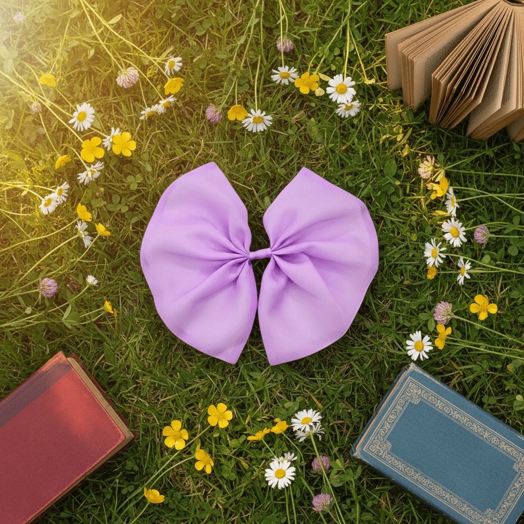 Purple bow from DOLLY Le Petit Tom® on grass with books and flowers