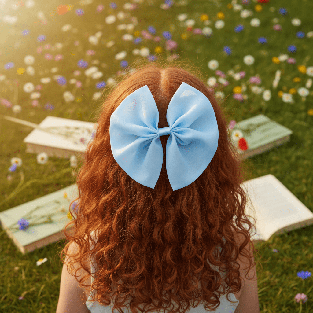 Little girls hair bow in light blue from DOLLY Le Petit Tom®  sitting among books and flowers