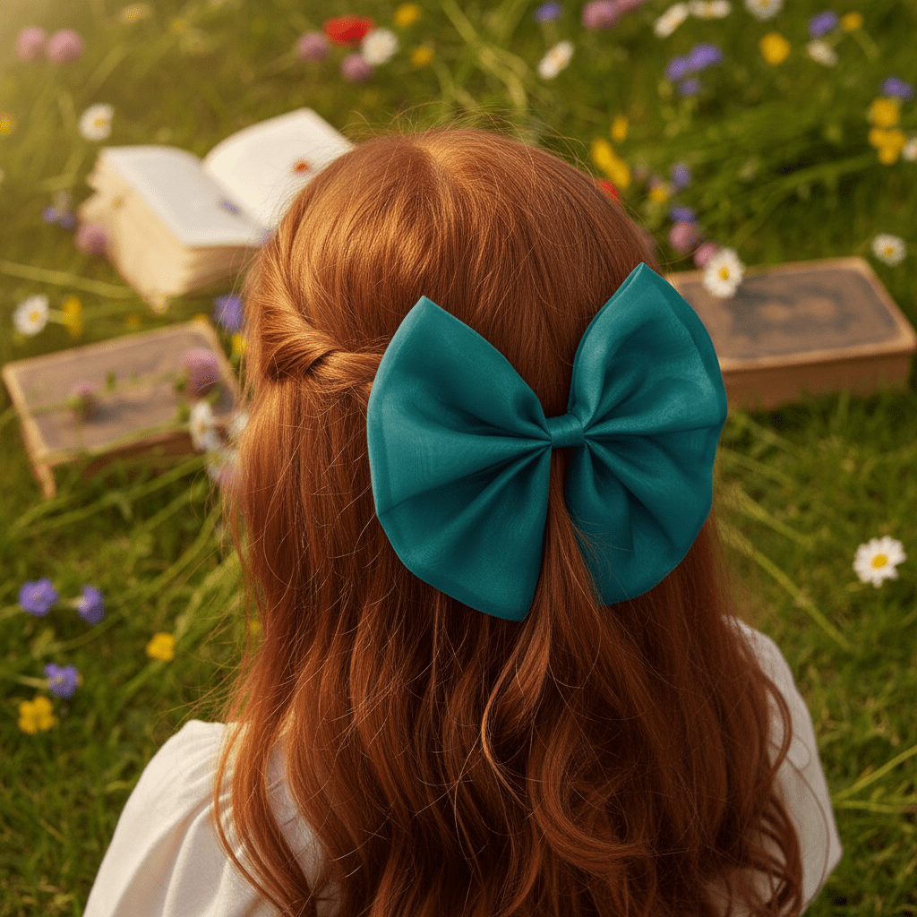 Person with red hair wearing a blue bow in a field of flowers