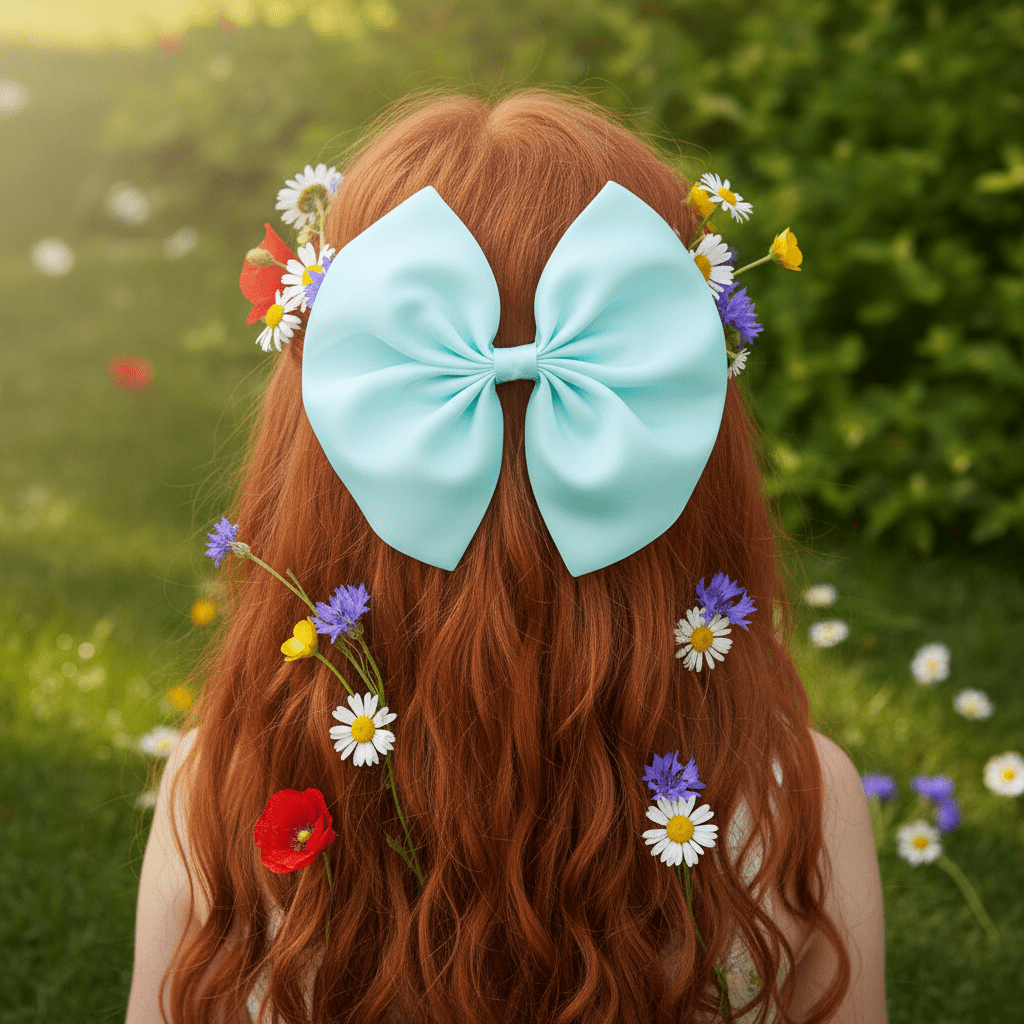 Person with red hair and a large blue bow, surrounded by flowers in a natural setting