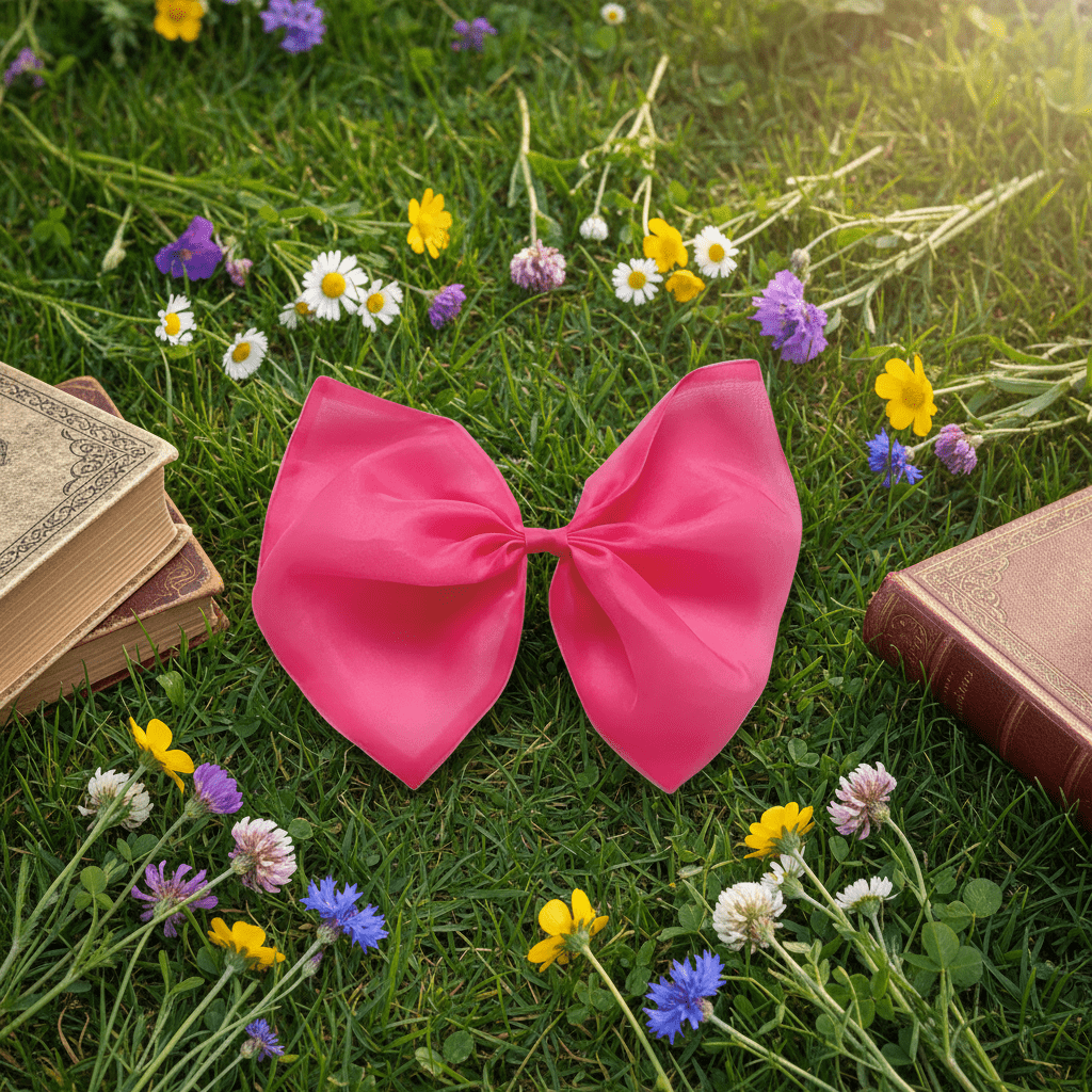 Large pink bow on grass with books and flowers