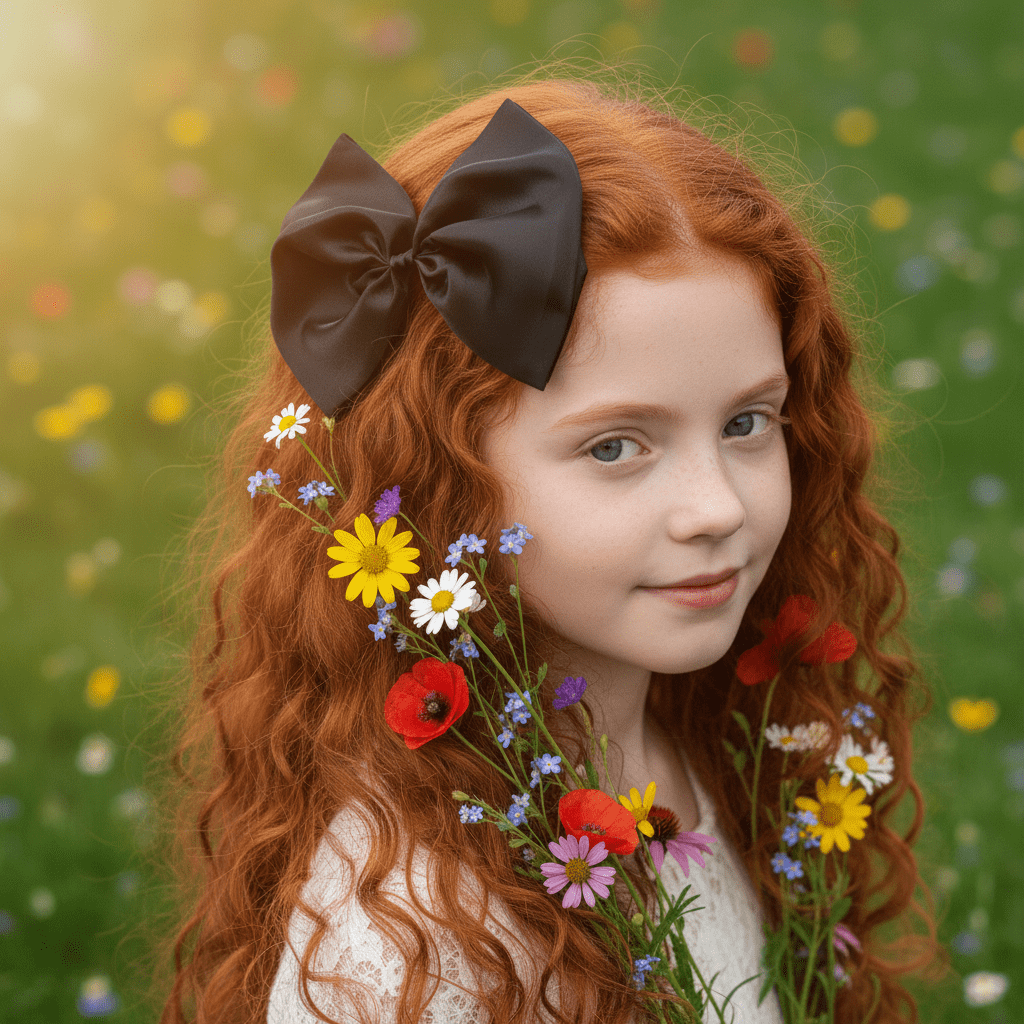 Young girl with red hair and a black bow, surrounded by flowers in a field.