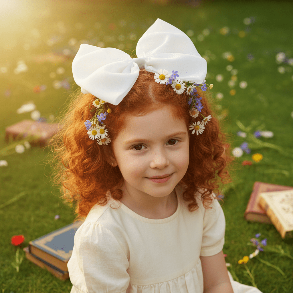 Young girl with red hair and white bows, surrounded by flowers and books on grass