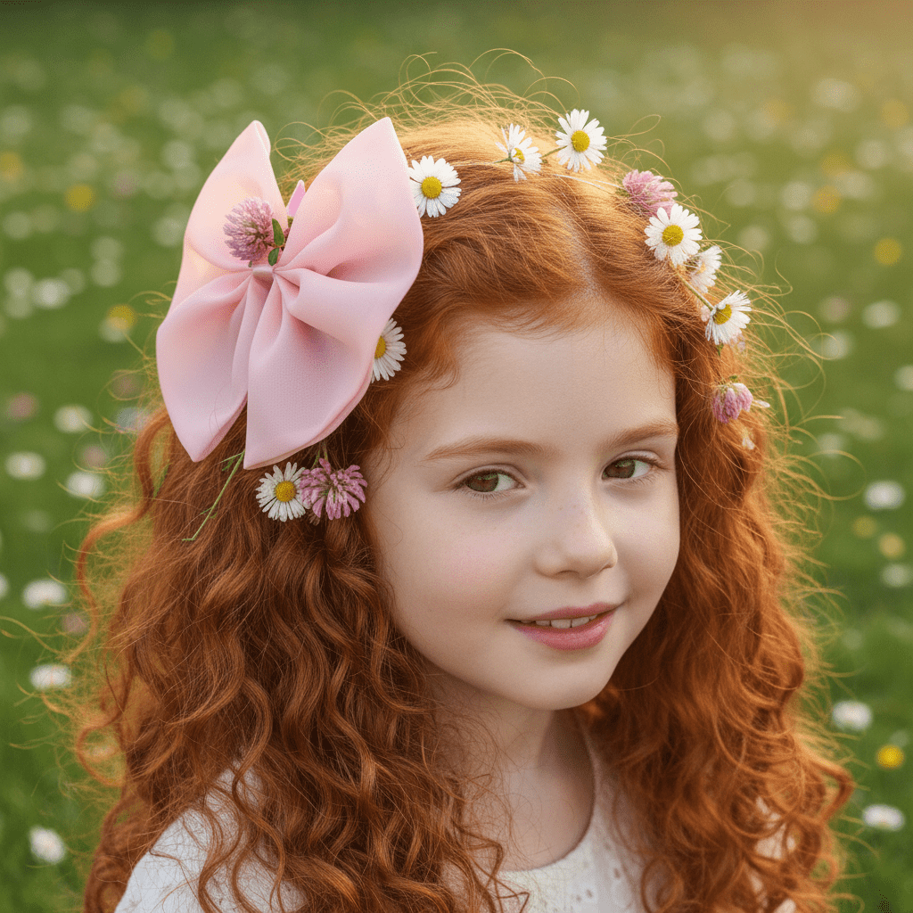 Young girl with red hair and a pink bow in a field of flowers