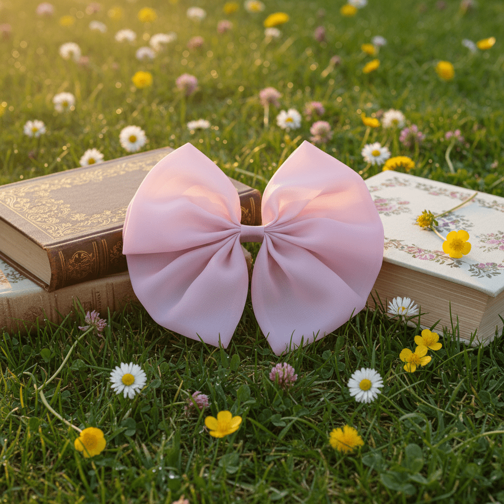 Pink bow on a book with flowers and another book in the background on grass