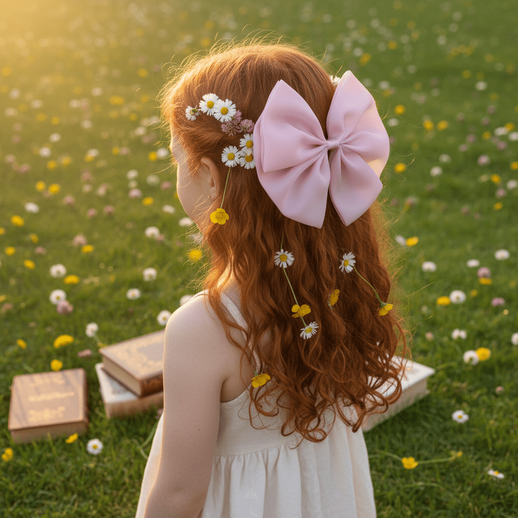 Young girl with a large pink bow in her hair standing in a field of flowers.