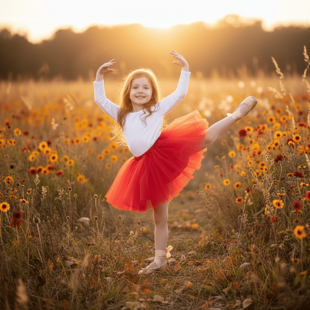 Young girl in a red tutu and white shirt posing in a field of flowers at sunset.