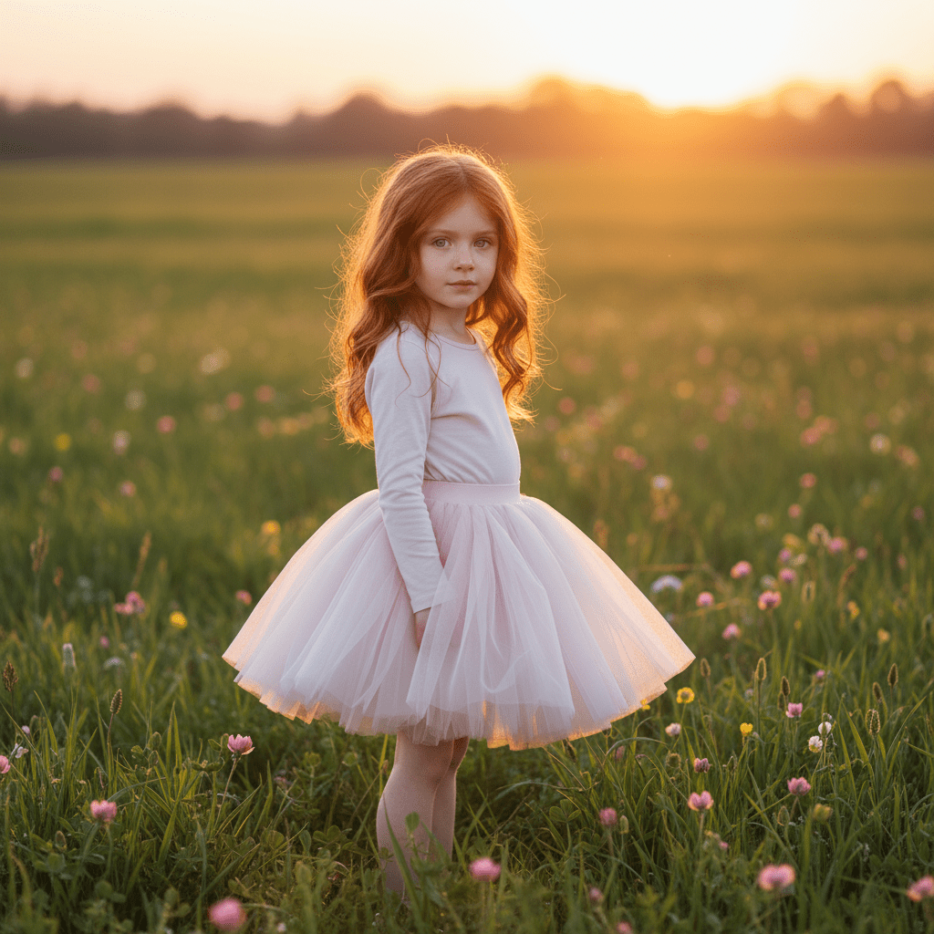 Young girl in a white dress standing in a field of flowers at sunset.