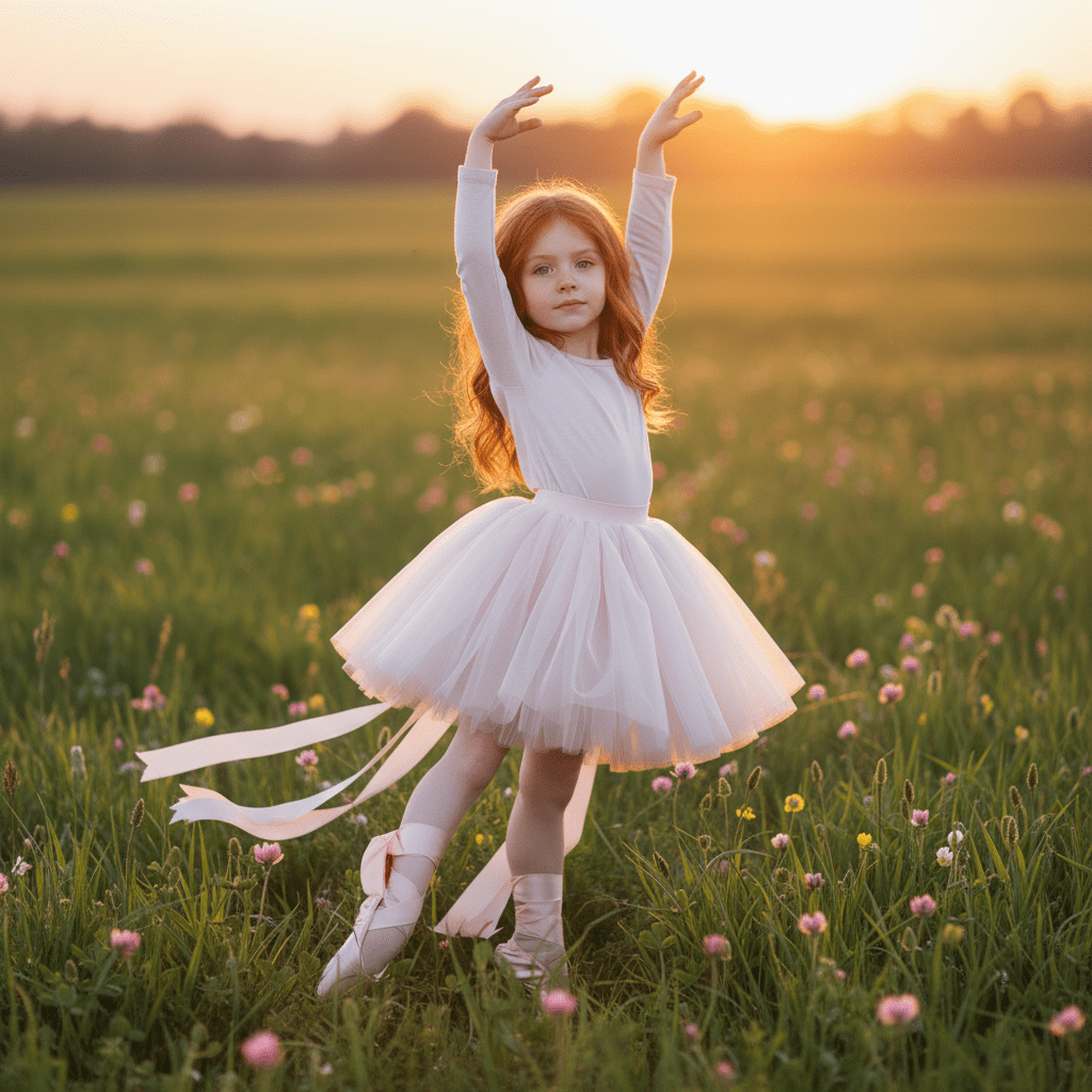Young girl in a white dress with ribbons standing in a field of flowers at sunset.