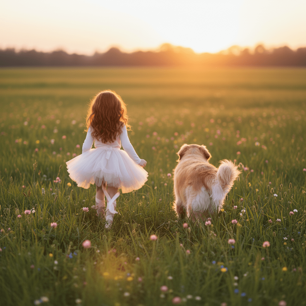 Girl in a white dress and dog walking together in a field at sunset