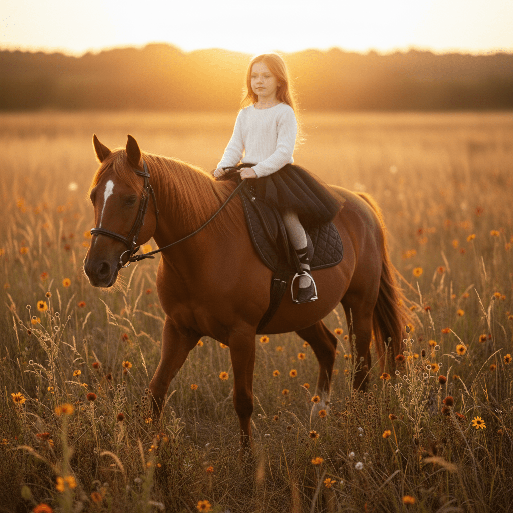 Girl riding a horse in a field of flowers during sunset