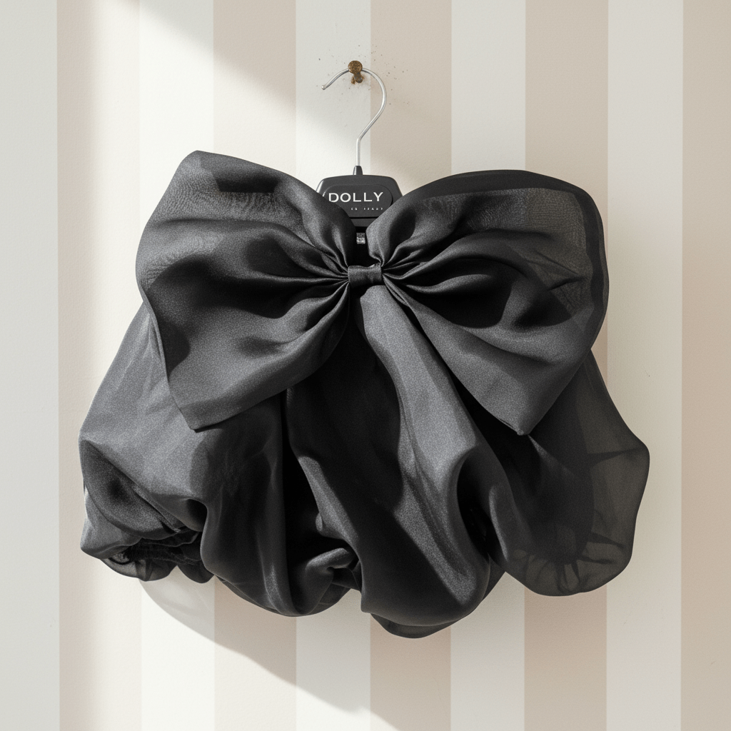 Black bow-shaped bag on a hanger against a striped wall