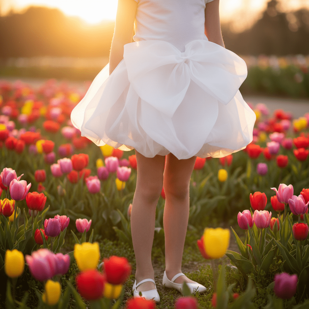 Person in a white dress standing in a field of colorful tulips with a blurred background