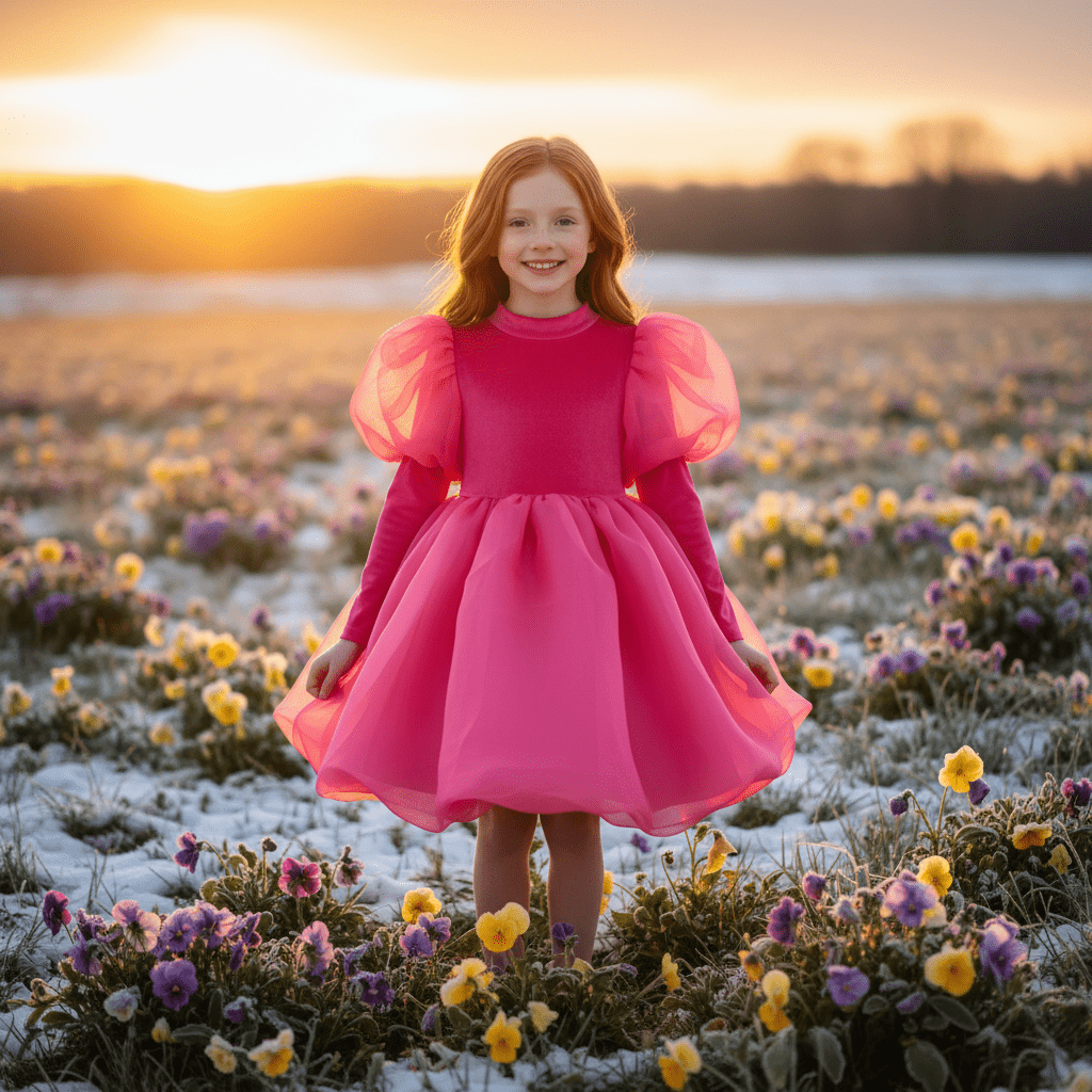 Young girl in a pink dress standing in a field of flowers at sunset.