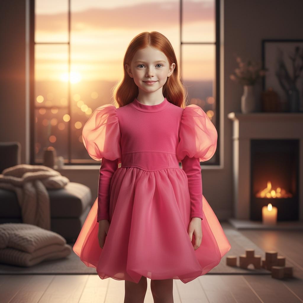 Young girl in a pink dress standing in a cozy living room with a fireplace.