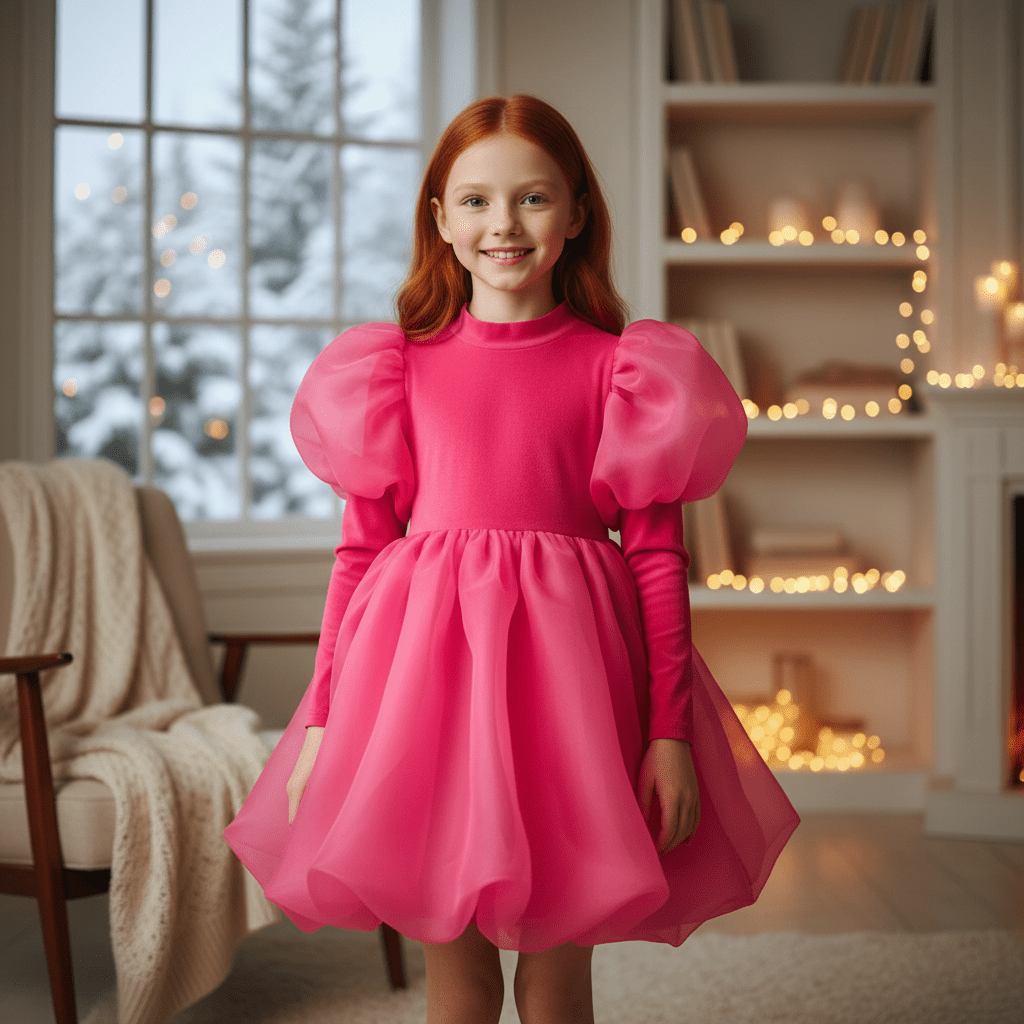 Young girl in a pink dress with puffed sleeves standing in a cozy room with a fireplace and Christmas decorations.