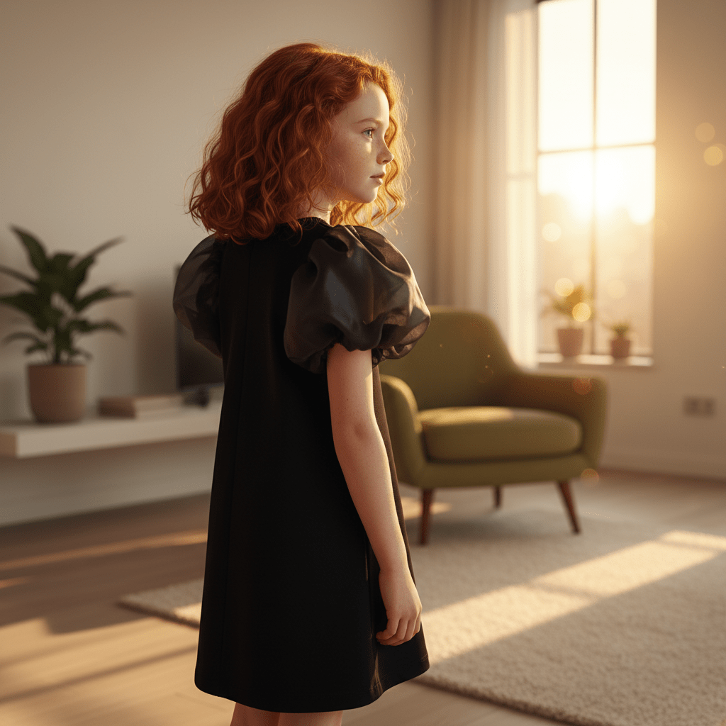 Woman in a black dress standing in a sunlit room with a green armchair and plant.