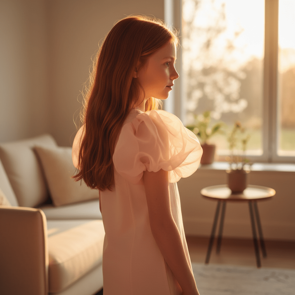 Woman in a pink dress standing in a sunlit room with a couch and table in the background.