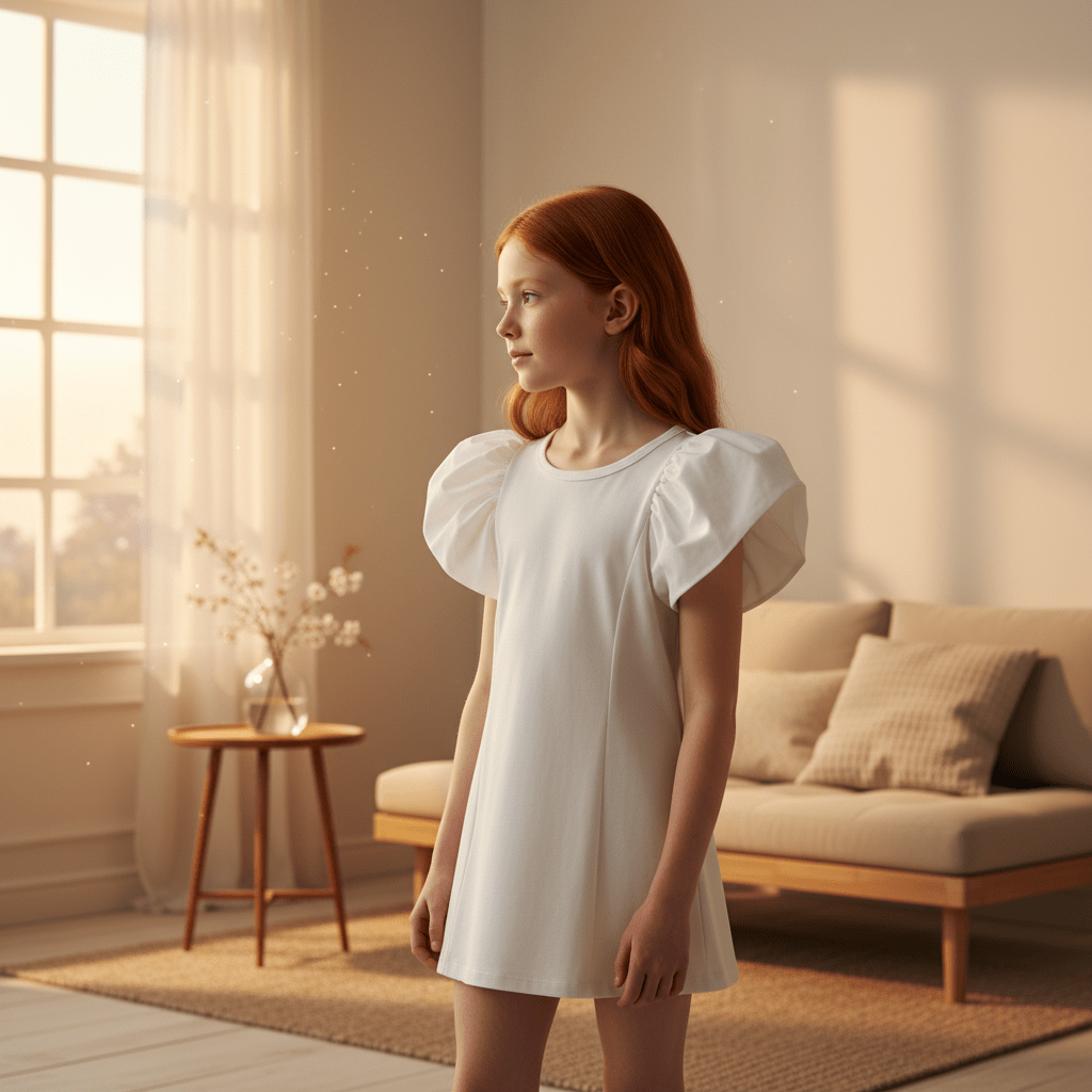 Young girl in a white dress standing in a bright room with a couch and table.