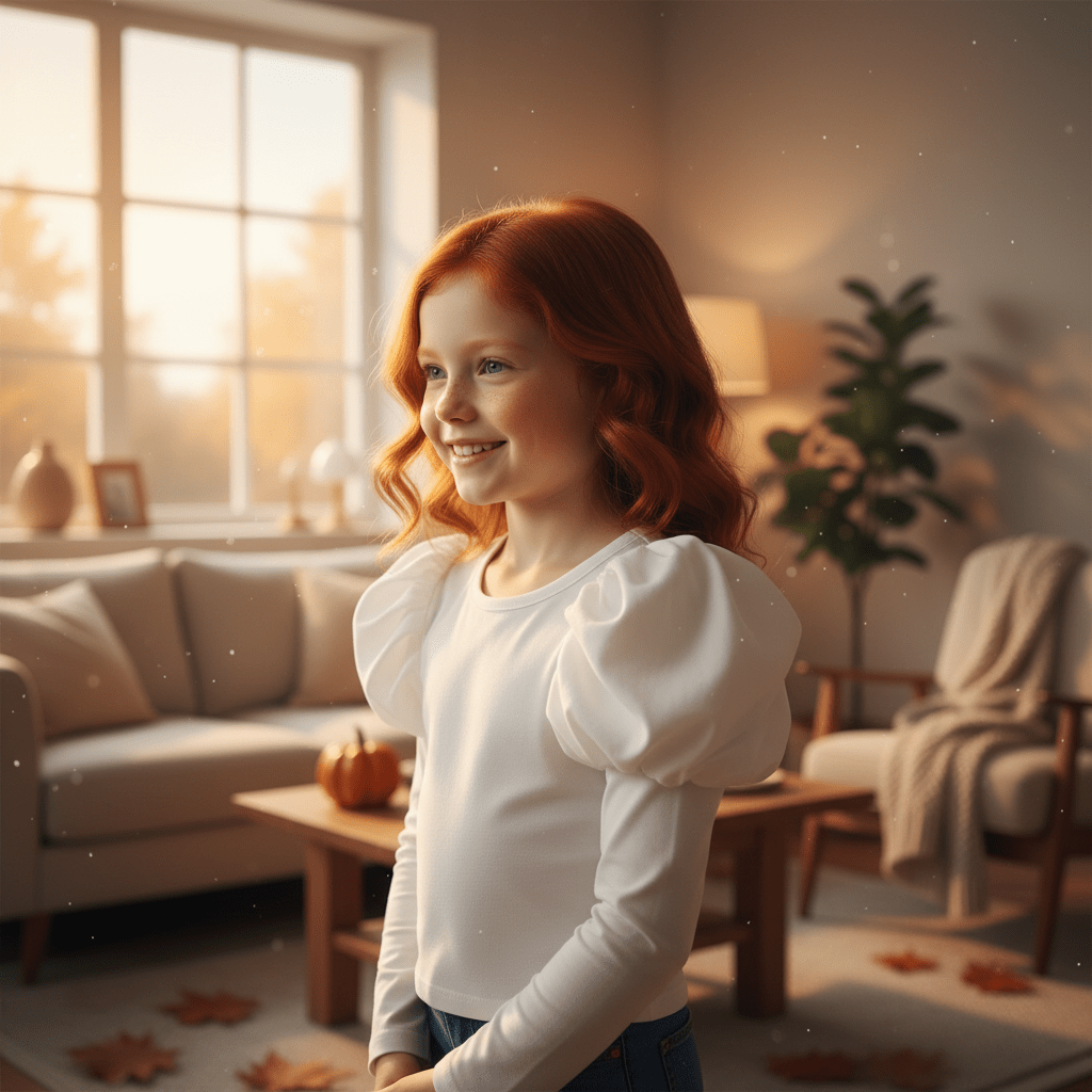 Young girl with red hair in a cozy living room with autumn decorations.