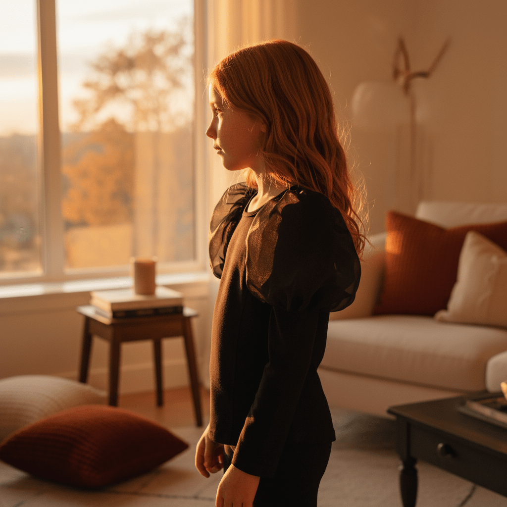 Woman standing in a living room with warm lighting
