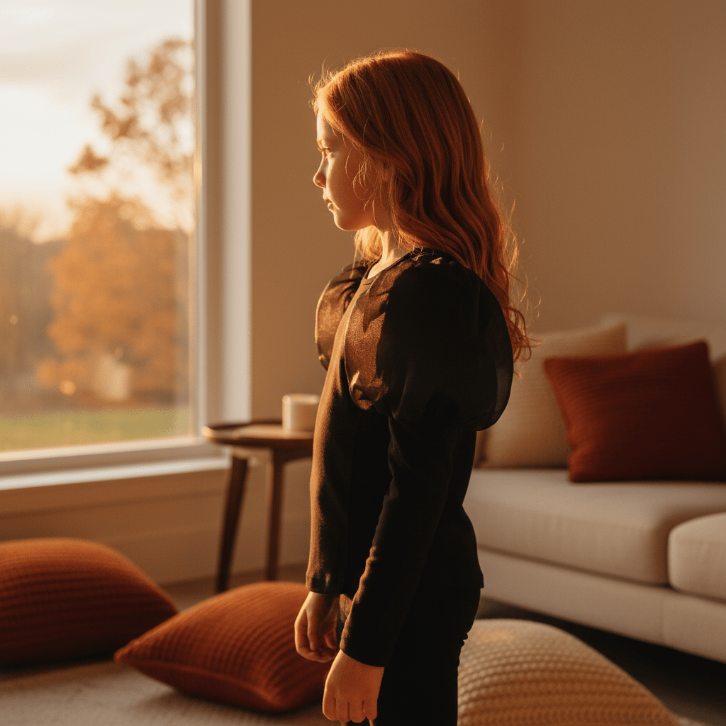 Girl standing by a window in a cozy living room with autumn scenery outside.