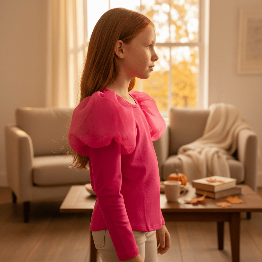 Young girl in a pink blouse standing in a cozy living room.