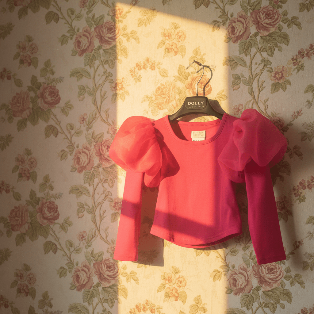 Pink top with puff sleeves on a hanger against floral wallpaper