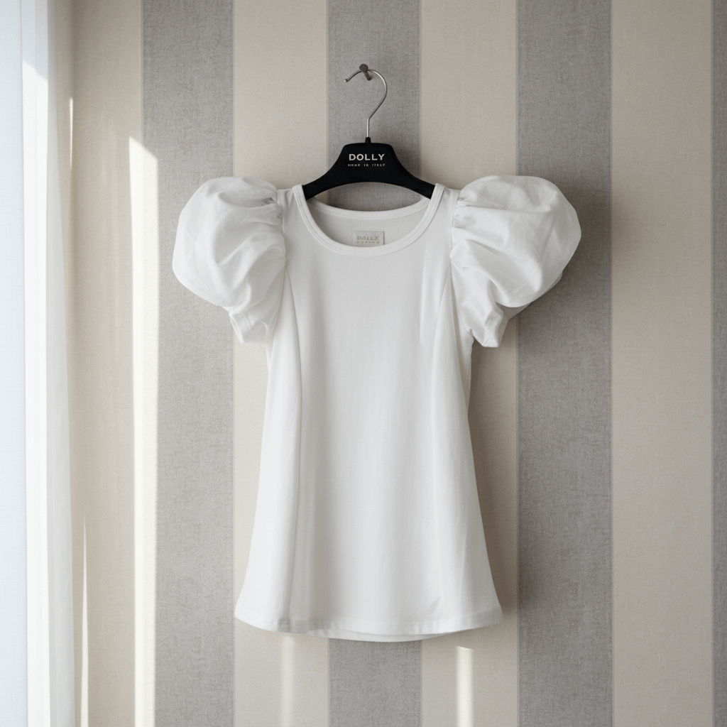 White blouse with puff sleeves on a hanger against a striped wall.