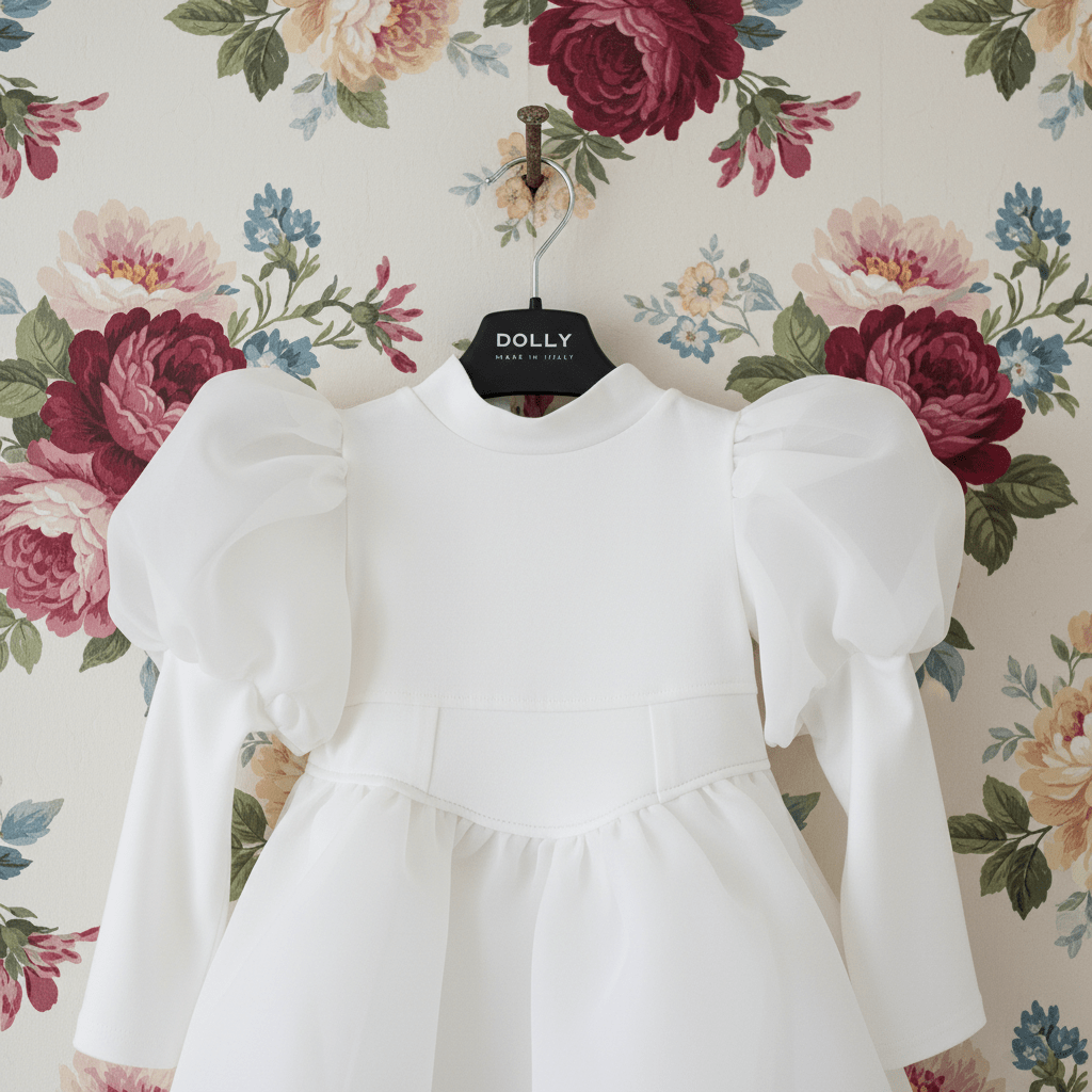 White dress with puffed sleeves on a hanger against a floral wallpaper background