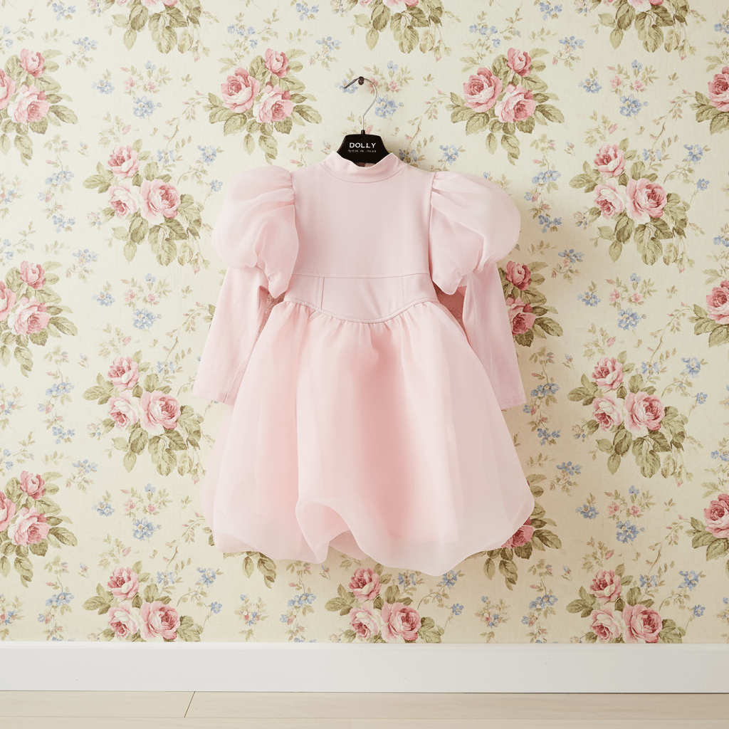 Pink dress on a hanger against a floral wallpaper background