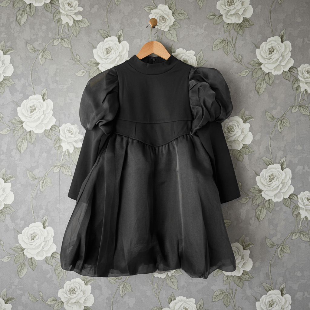 Black dress with puff sleeves on a hanger against a floral wallpaper background