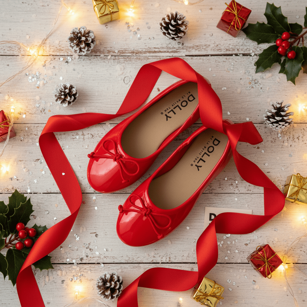 Red shoes with a red ribbon on a festive wooden surface with decorations.