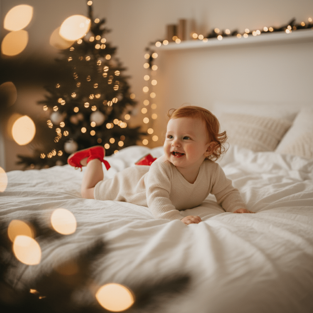 Child lying on a bed with Christmas decorations and lights in the background