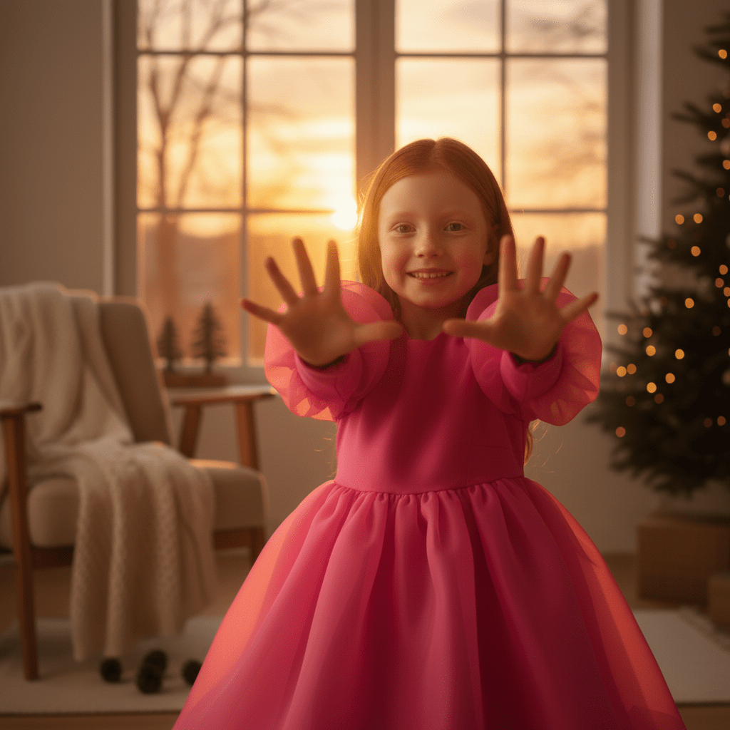 Young girl in a pink dress standing in a cozy room with a Christmas tree and sunset view.