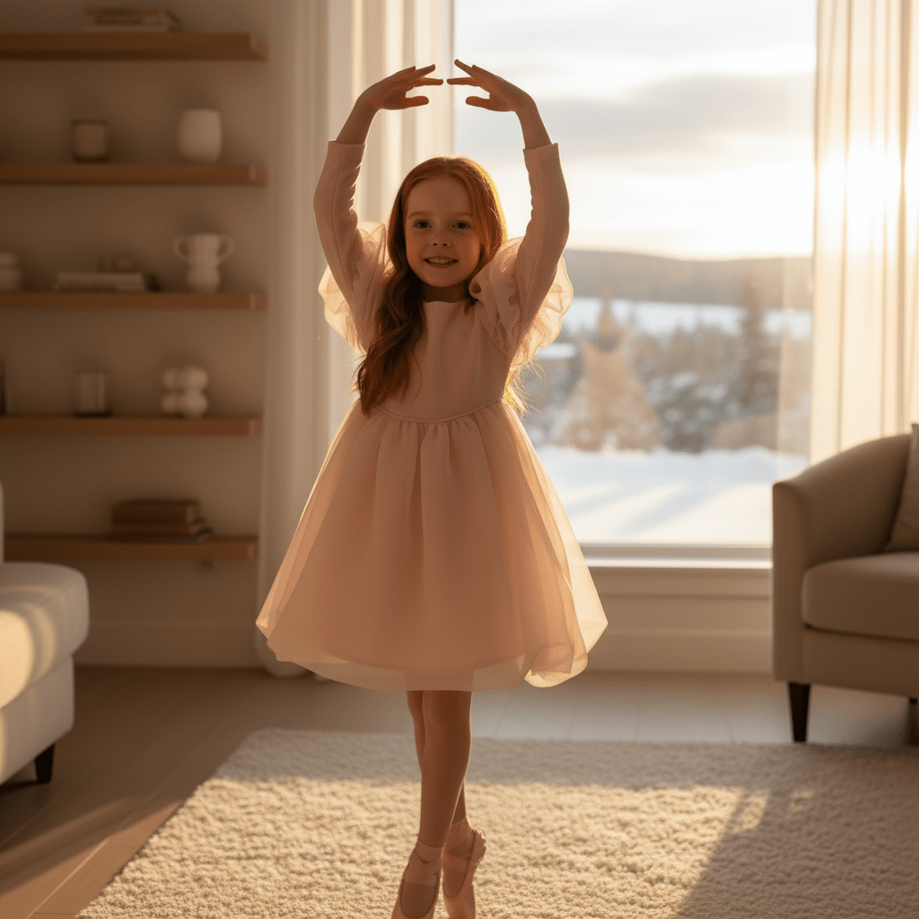 Young girl in a pink dress standing in a sunlit room with a large window.